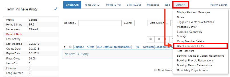 Click User Permission Editor in the Patron's Other menu