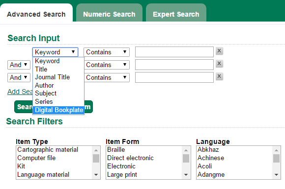 Digital Bookplates Search Field Location in Advanced Search