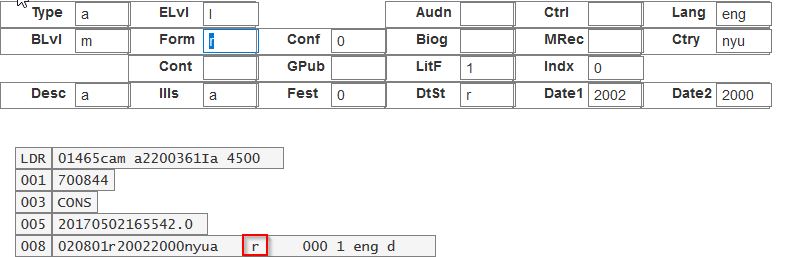 Selecting r in the context menu resulted in an r being placed in the 008 field later in the MARC Record display