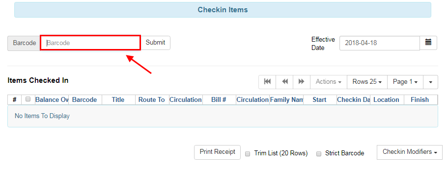 Item Barcode at Check In