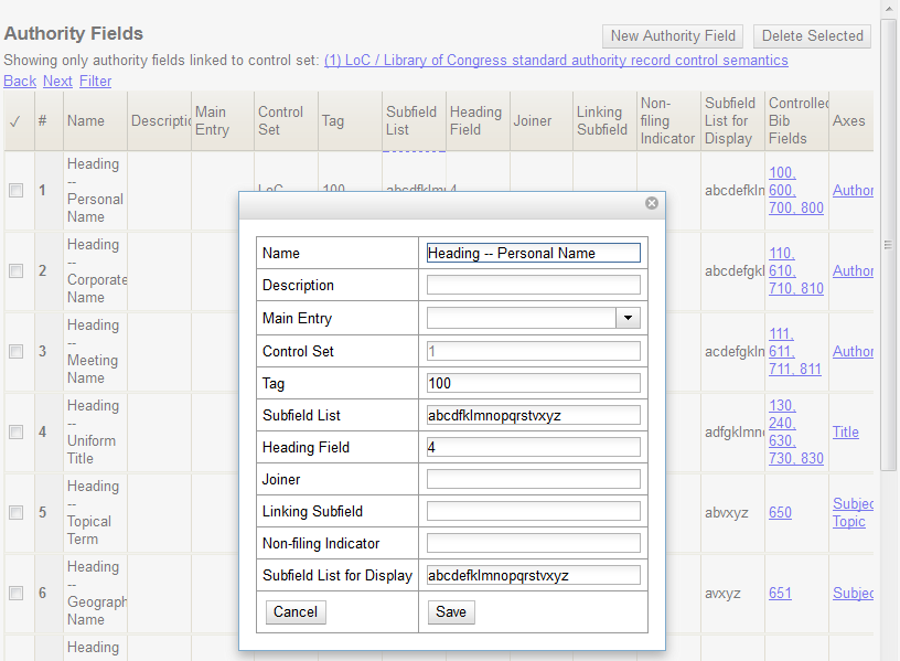 Authority Fields edit form