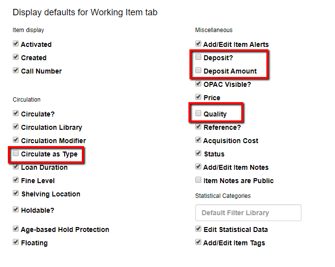 Holdings editor display defaults with deselected fields