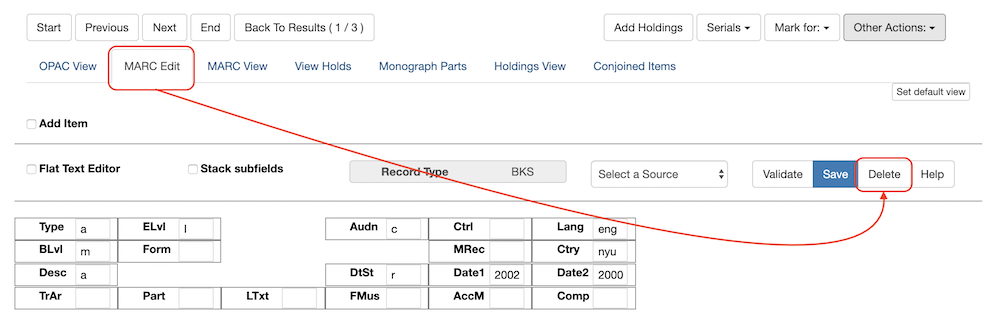 The Delete button is located in the Marc Edit tab